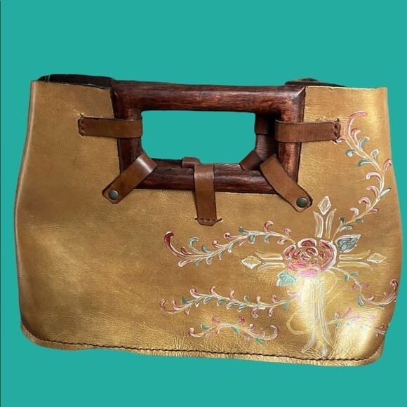 Hand Painted Leather Purse/Bag/Tote with Wooden Handles. Gold w/ Cross and Rose - Picture 1 of 10